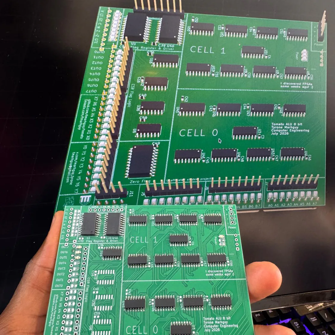 Half-soldered 07_alu Dual-LUT 8-bit slice next to its Digital simulation.