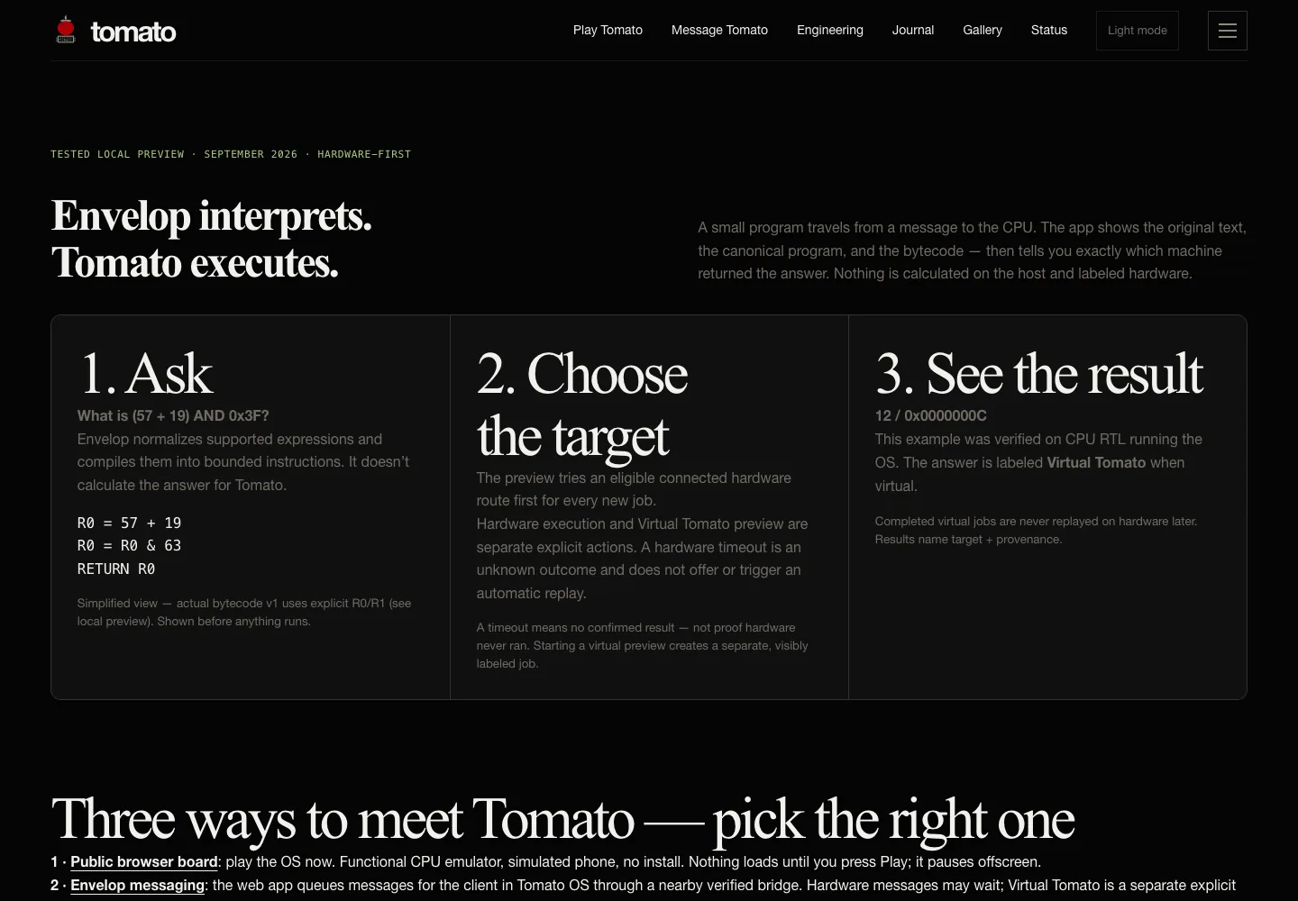 Tomato compute preview showing the request, target choice, and a result labeled Virtual Tomato