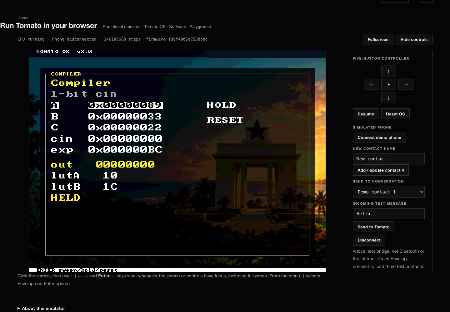 Compiler screen running inside the current Tomato OS image in the desktop Virtual Tomato browser emulator