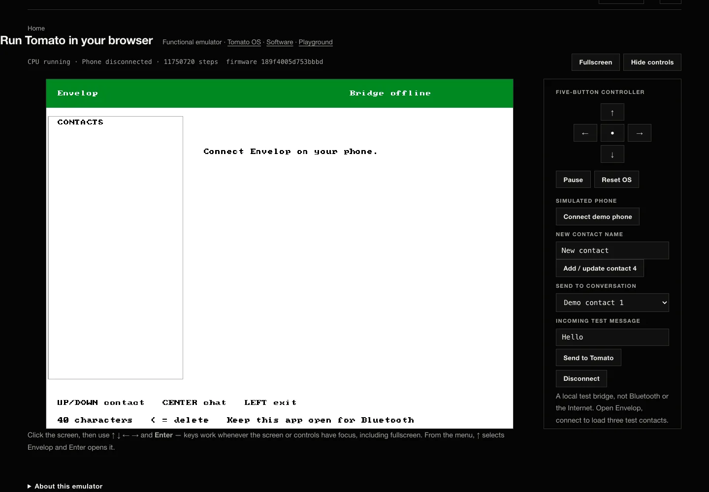 Envelop open inside the current Tomato OS image in the desktop Virtual Tomato browser emulator