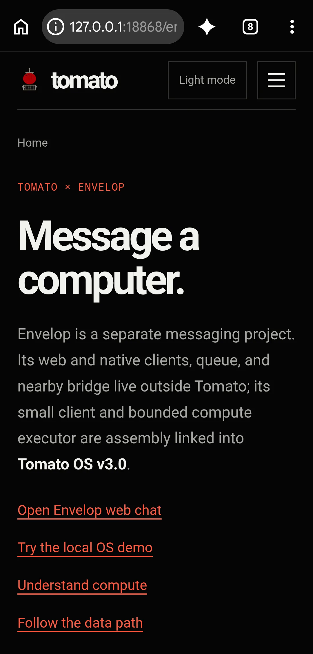 Tomato mobile Envelop explainer showing a person, message path, and labeled reply
