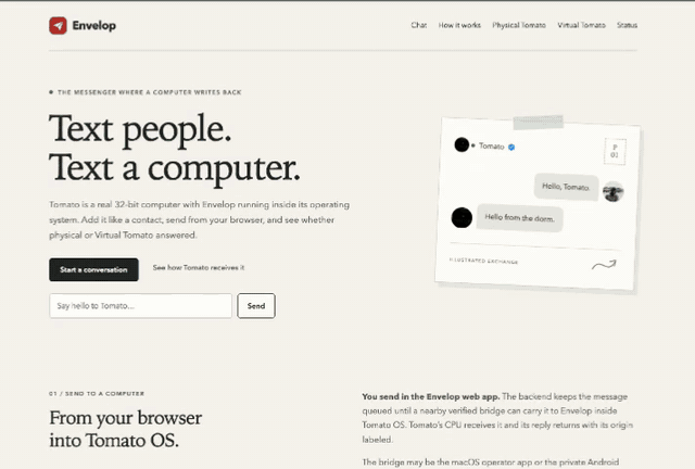 Animated Envelop browser demo showing a hello sent to Tomato and Tomato’s multi-message reply