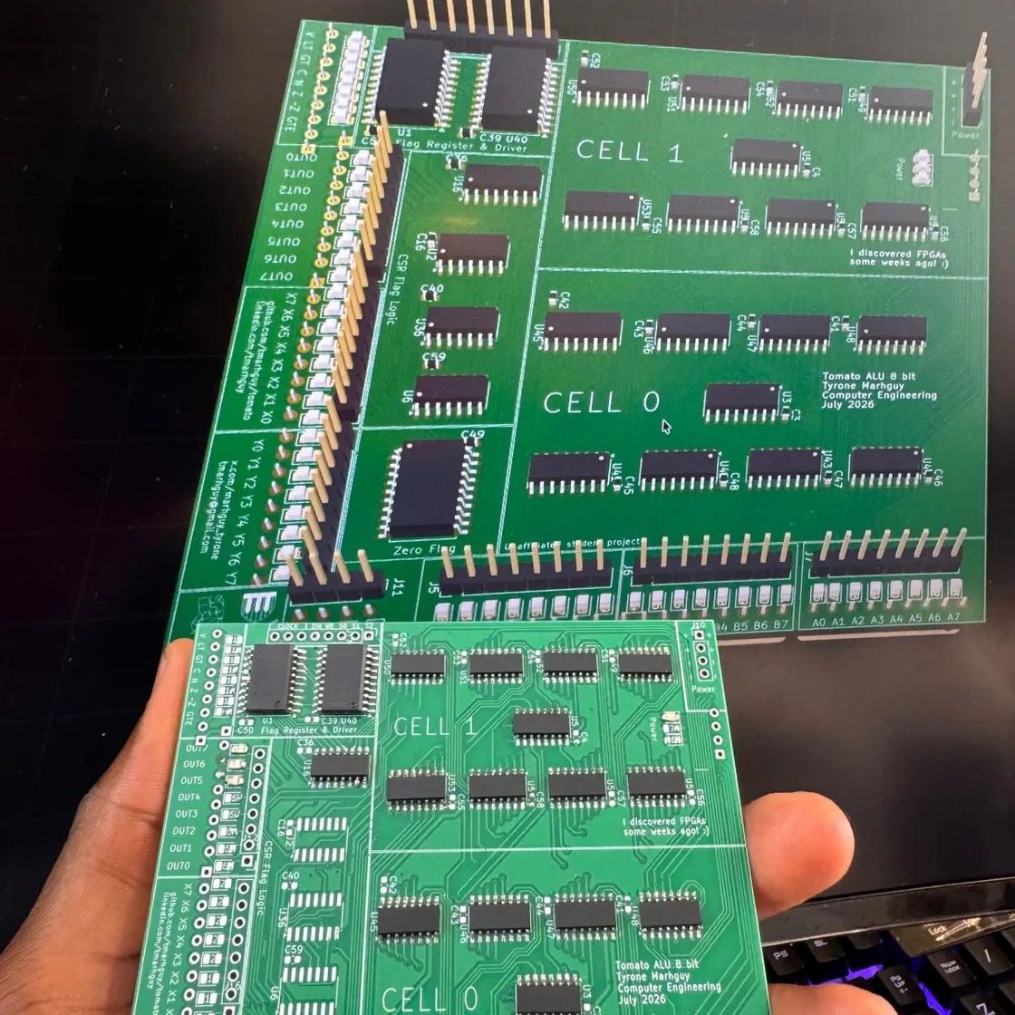 Half-soldered Tomato 07_alu board held next to its Digital simulation