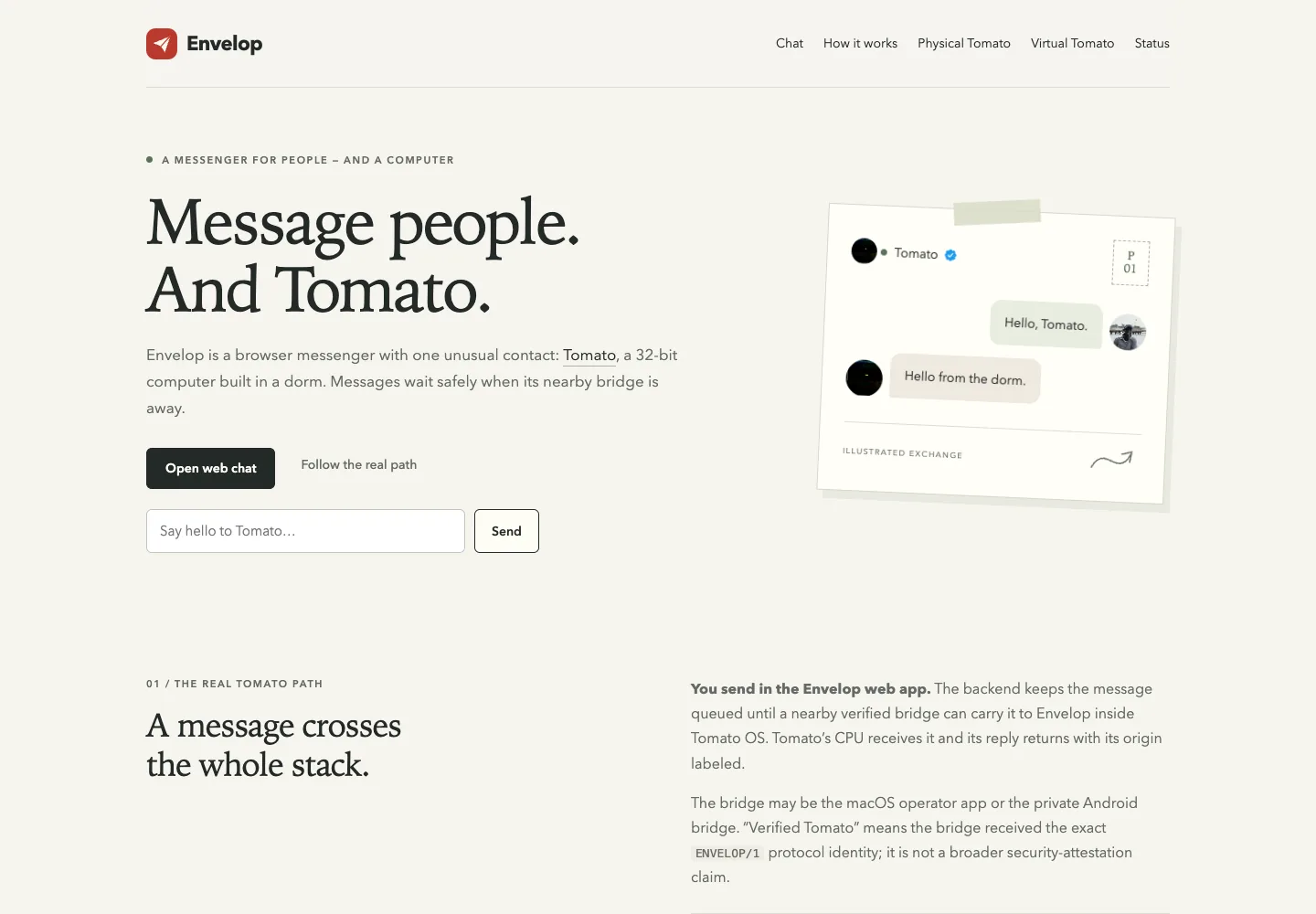 Envelop desktop website introducing browser chat with Tomato