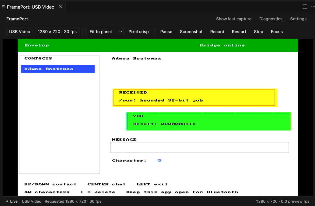FramePort capture of Envelop inside Tomato OS showing a bounded job result