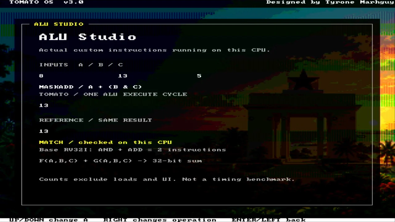 ALU Studio comparing Tomato MASKADD with a two-instruction reference sequence