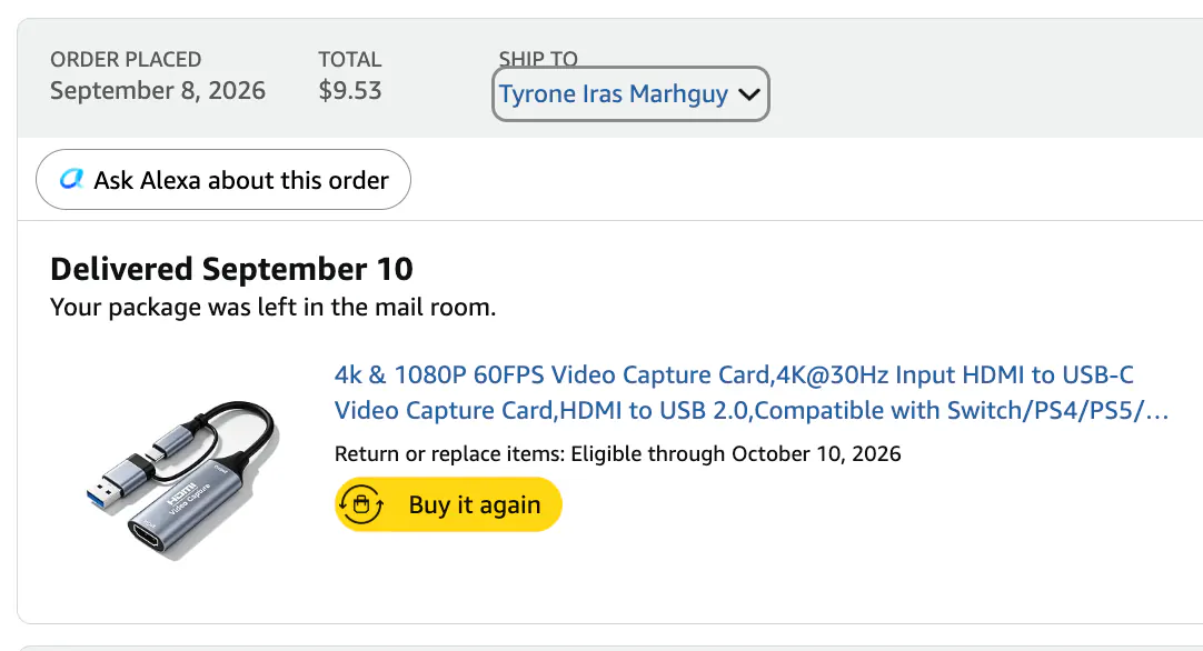 Amazon order receipt for the HDMI video capture device