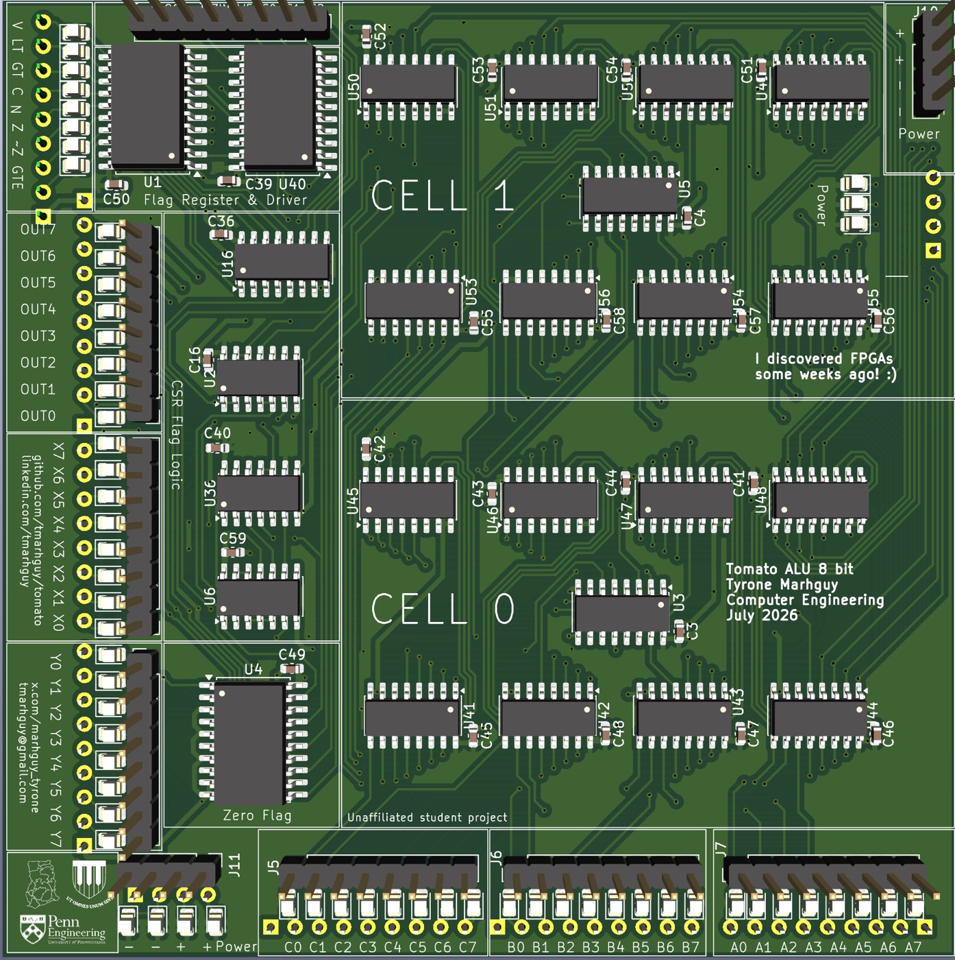 KiCad render of Tomato 07_alu, two 4-bit dual-LUT cells.