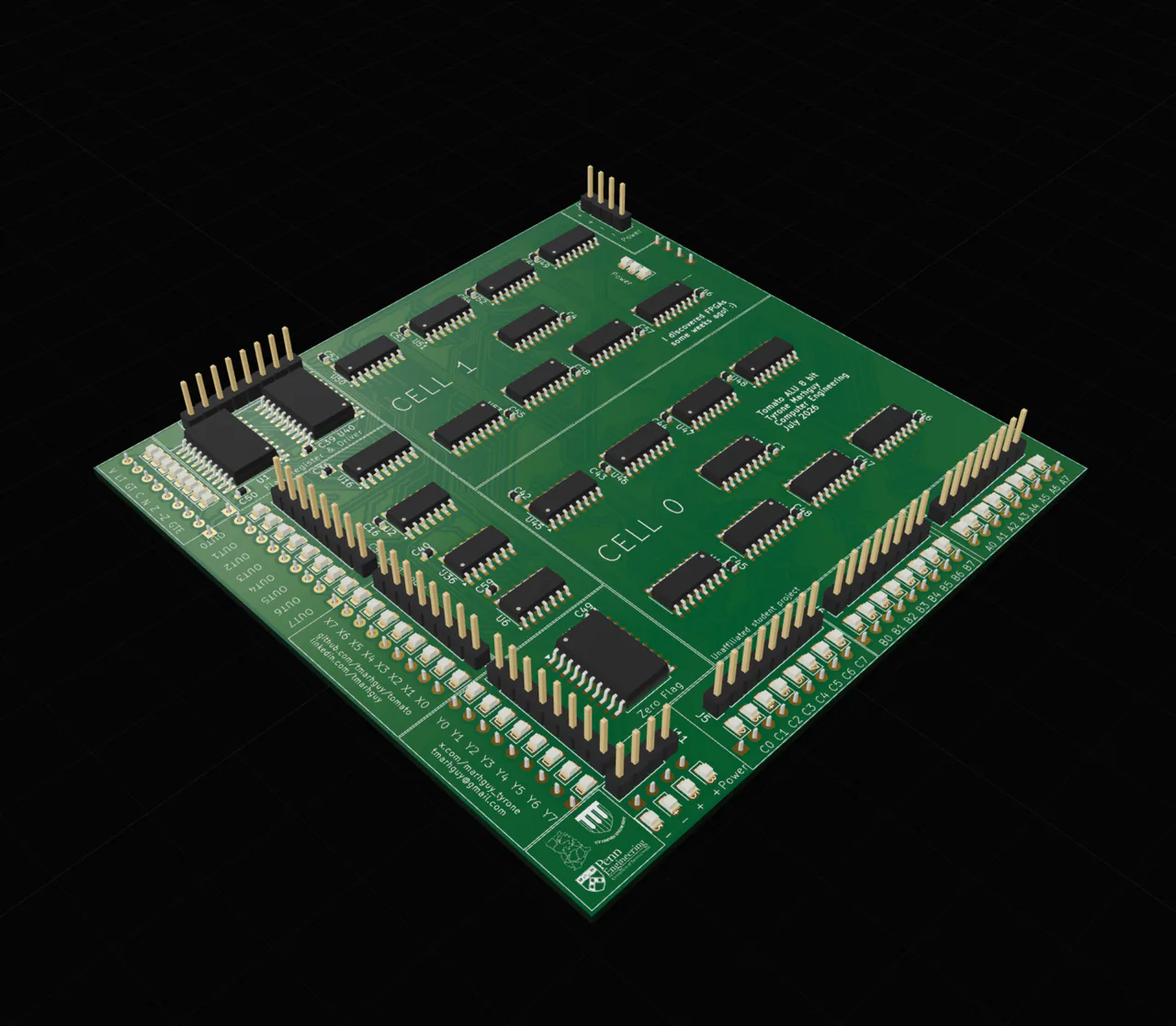 KiCad render of Tomato’s green circuit board, showing the two logic cells, chips, copper connections, and Penn Engineering mark