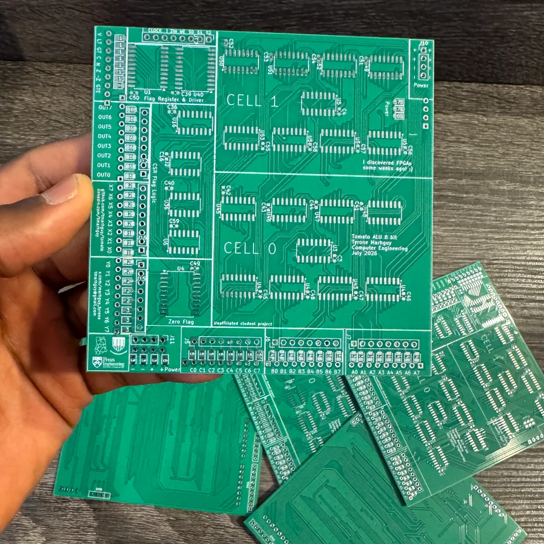 Hand holding a Tomato 07_alu PCB — bench photo from August.