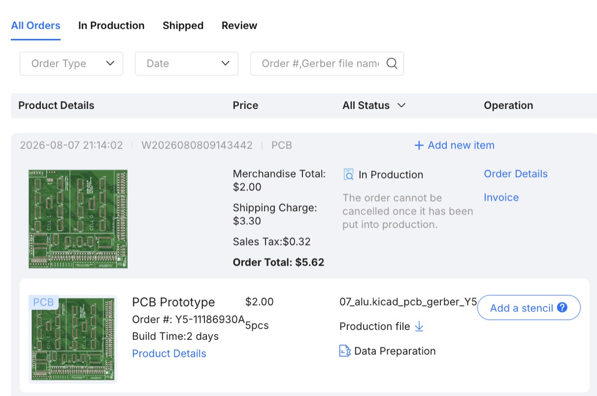 JLCPCB order confirmation.