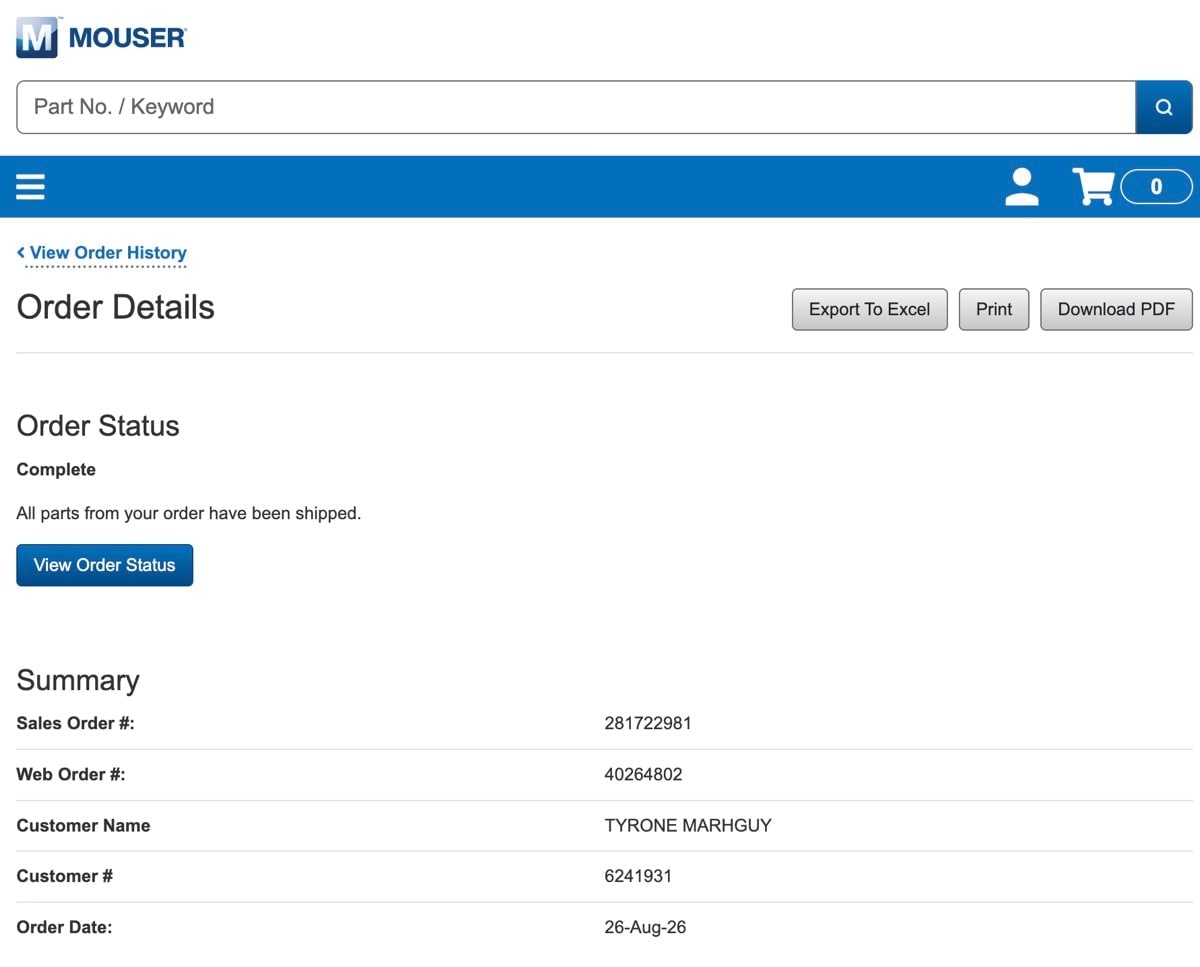 Mouser order confirmation for Digilent PMOD VGA.