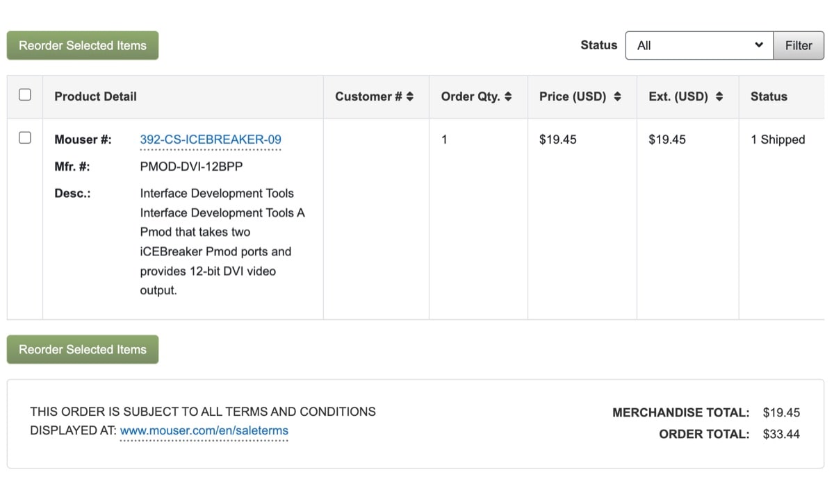 Mouser checkout summary for Digilent PMOD VGA.