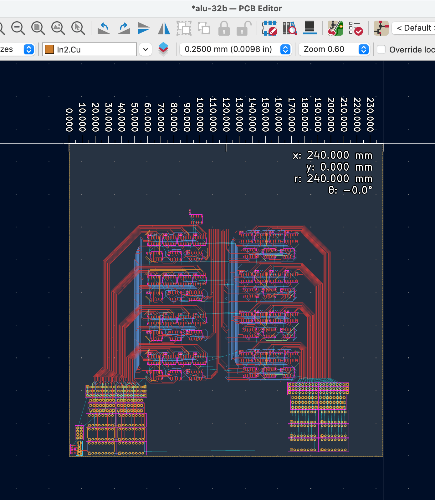 KiCad routing of the abandoned ~240 mm square 32-bit board.